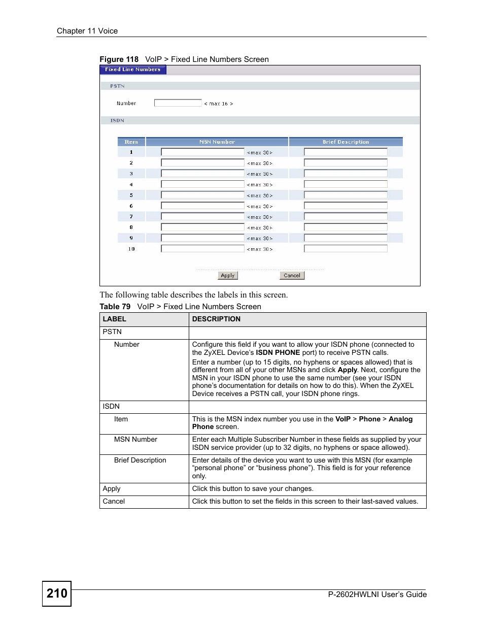 Figure 118 voip > fixed line numbers screen, Table 79 voip > fixed line numbers screen | ZyXEL Communications P-2602HWLNI User Manual | Page 210 / 496