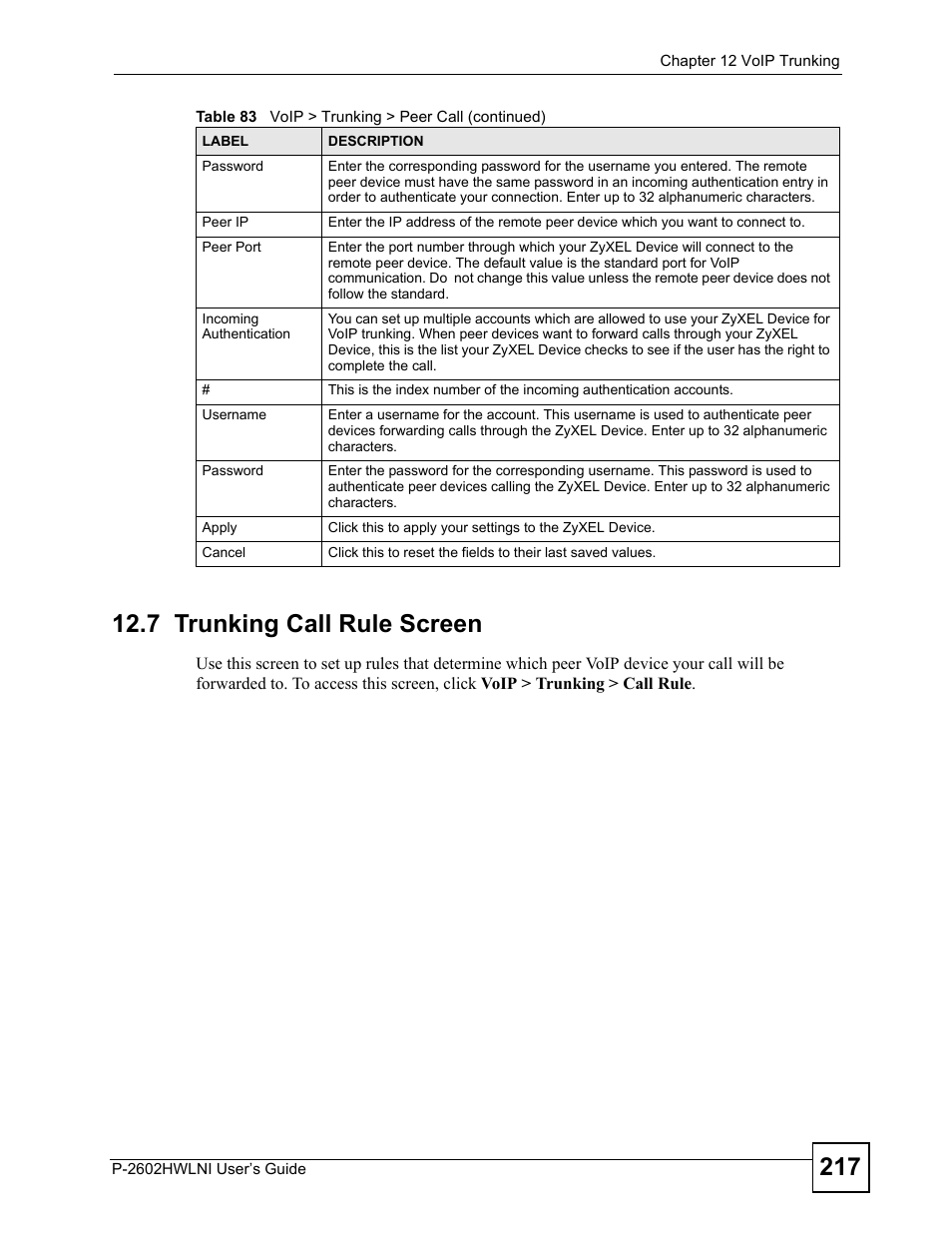 7 trunking call rule screen | ZyXEL Communications P-2602HWLNI User Manual | Page 217 / 496