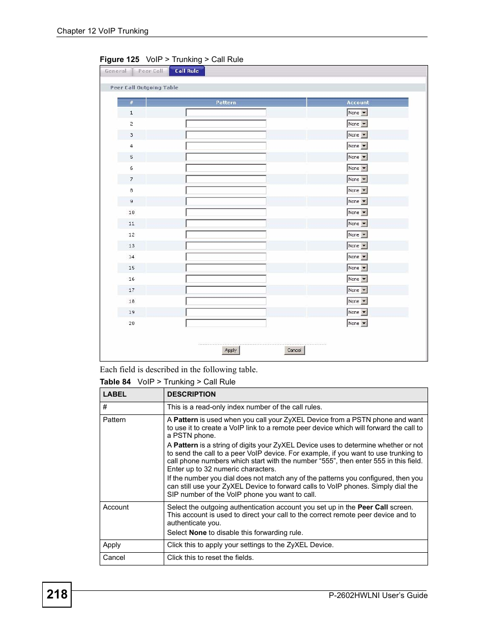 Figure 125 voip > trunking > call rule, Table 84 voip > trunking > call rule | ZyXEL Communications P-2602HWLNI User Manual | Page 218 / 496