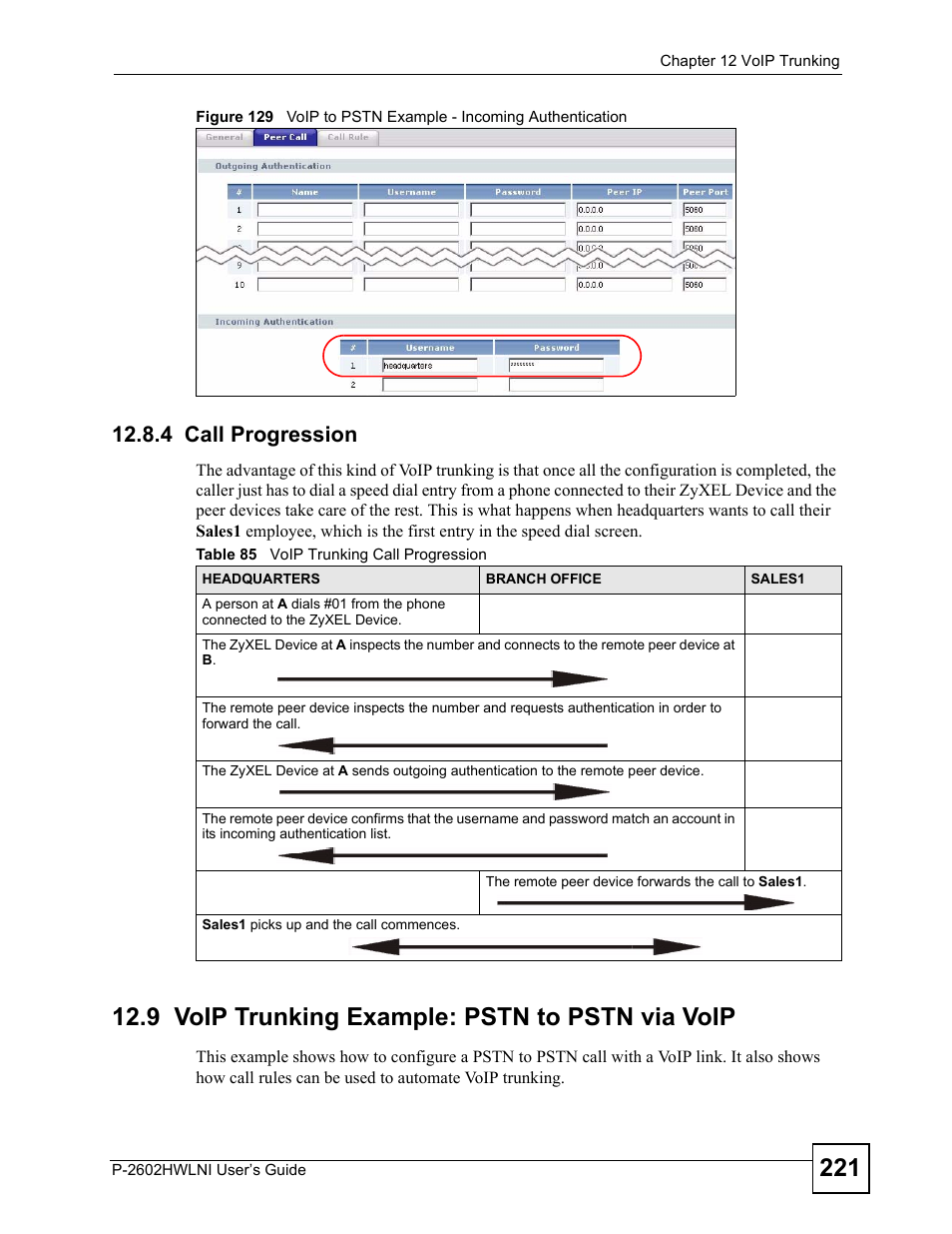 4 call progression, 9 voip trunking example: pstn to pstn via voip, Table 85 voip trunking call progression | ZyXEL Communications P-2602HWLNI User Manual | Page 221 / 496