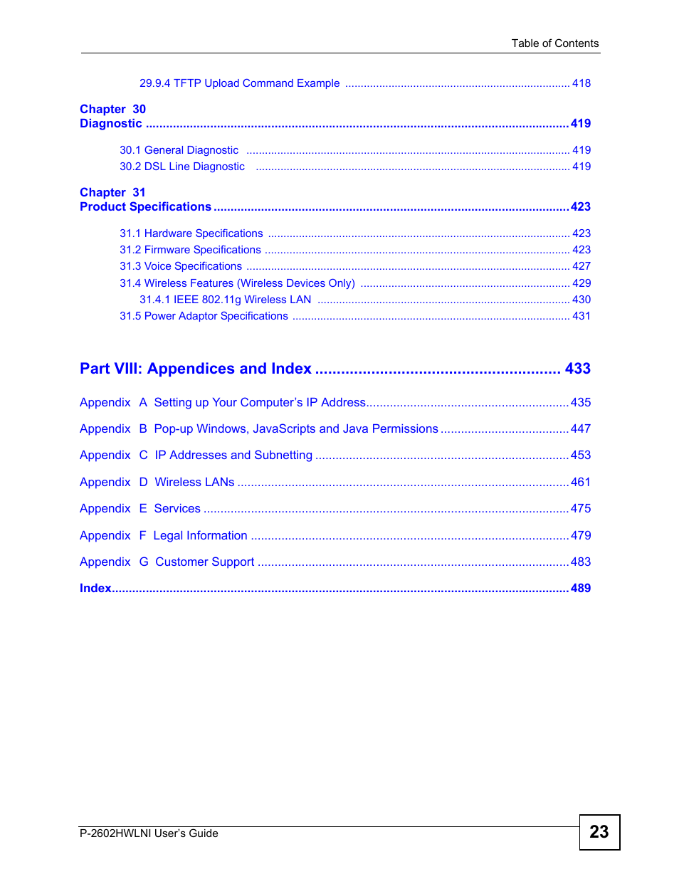 Part viii: appendices and index | ZyXEL Communications P-2602HWLNI User Manual | Page 23 / 496