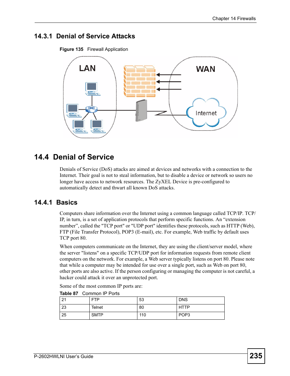 1 denial of service attacks, 4 denial of service, 1 basics | Figure 135 firewall application, Table 87 common ip ports | ZyXEL Communications P-2602HWLNI User Manual | Page 235 / 496