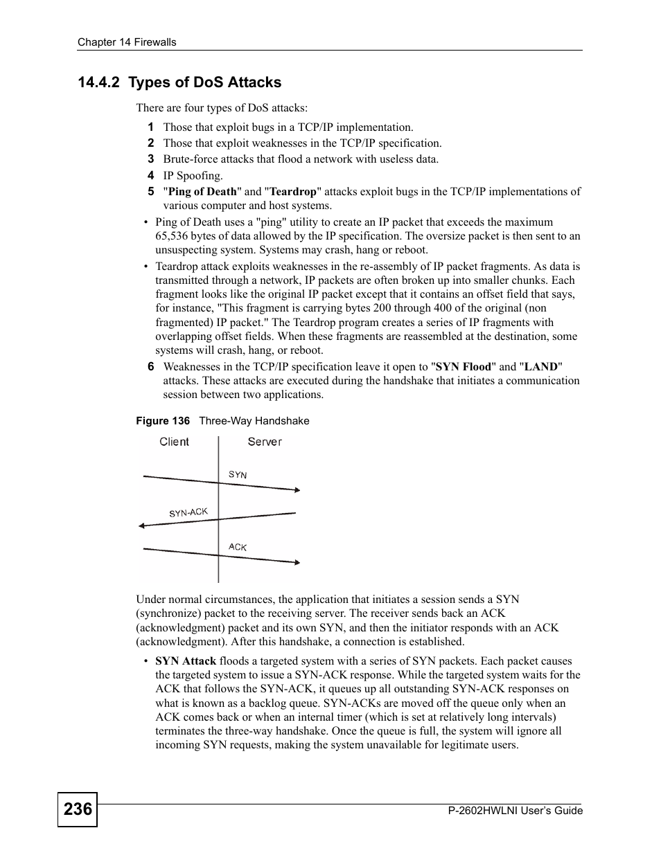 2 types of dos attacks, Figure 136 three-way handshake | ZyXEL Communications P-2602HWLNI User Manual | Page 236 / 496