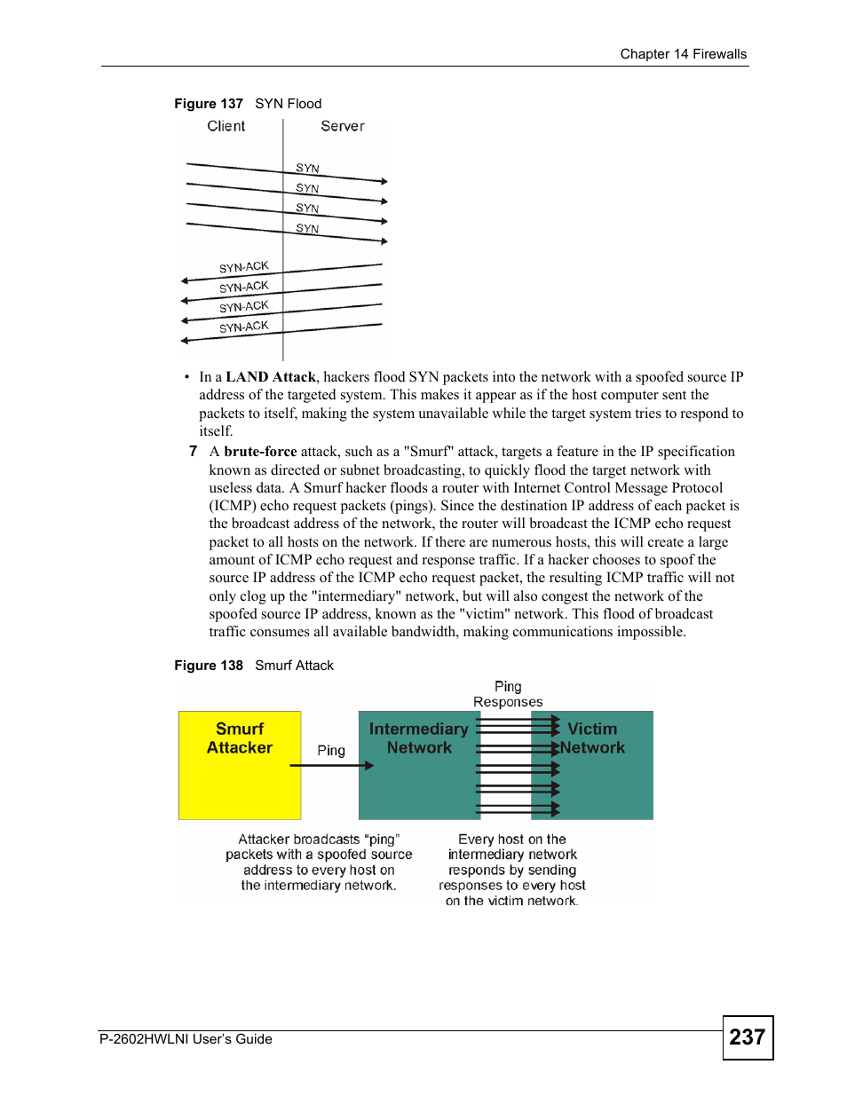 Figure 137 syn flood figure 138 smurf attack | ZyXEL Communications P-2602HWLNI User Manual | Page 237 / 496