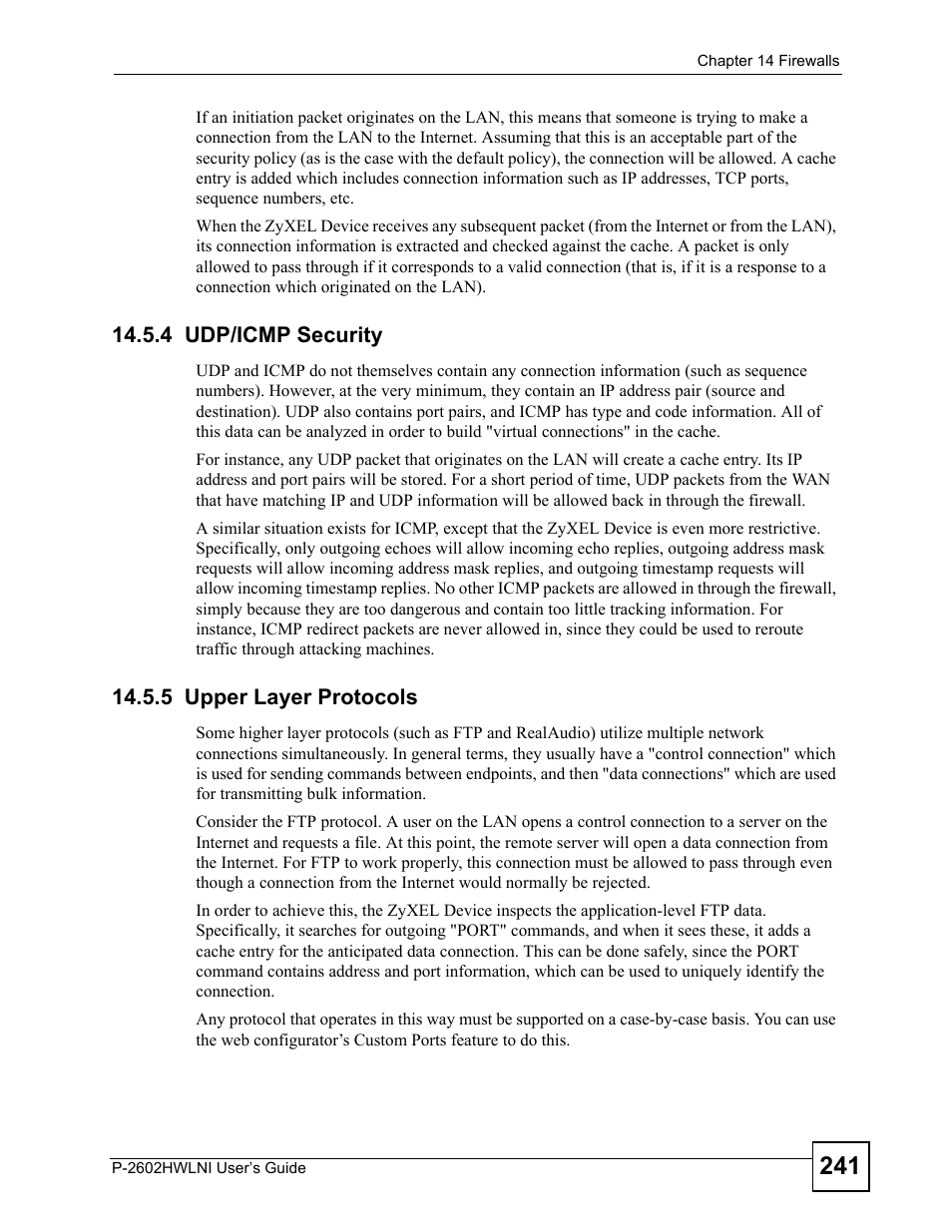 4 udp/icmp security, 5 upper layer protocols, 4 udp/icmp security 14.5.5 upper layer protocols | ZyXEL Communications P-2602HWLNI User Manual | Page 241 / 496
