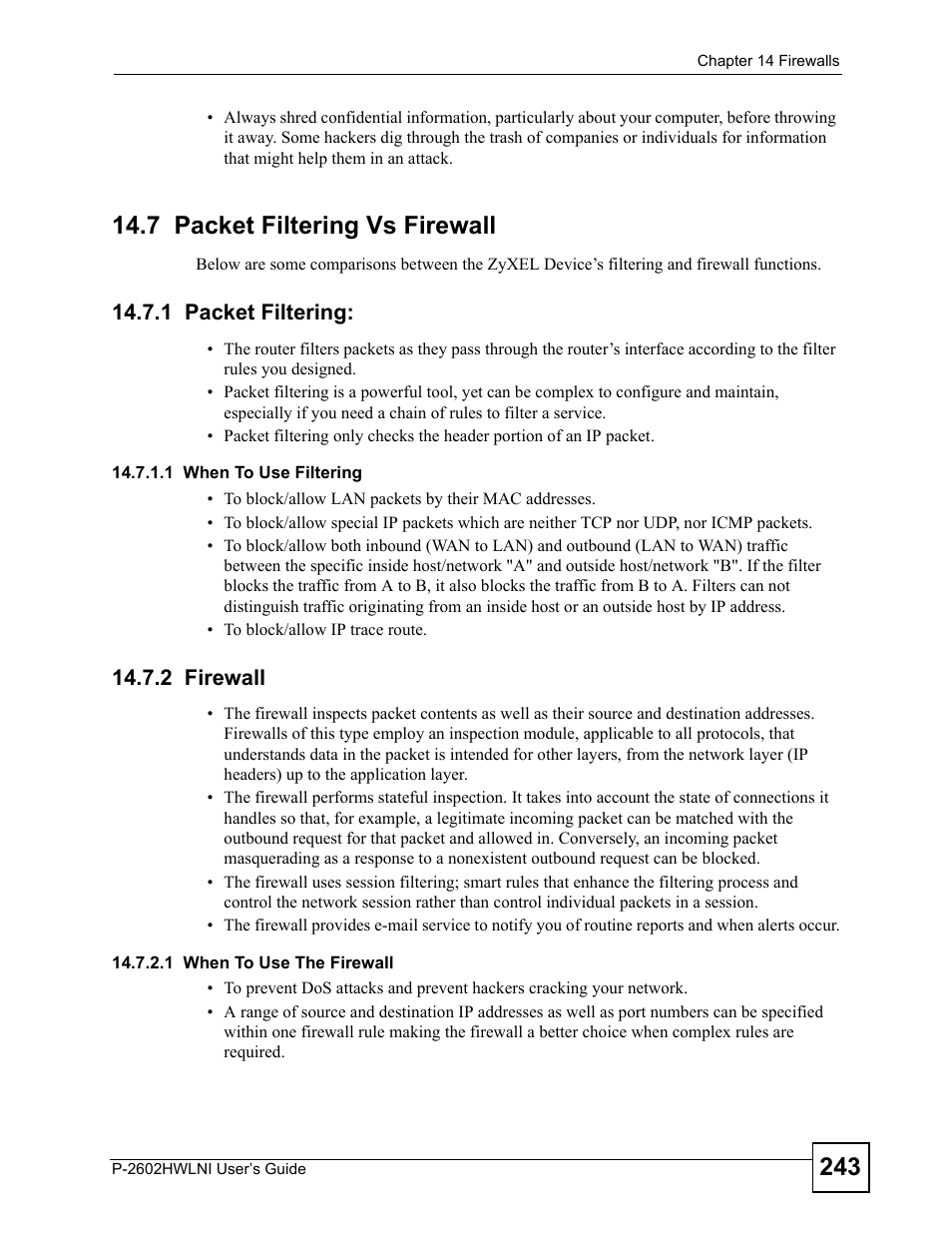 7 packet filtering vs firewall, 1 packet filtering, 2 firewall | 1 packet filtering: 14.7.2 firewall | ZyXEL Communications P-2602HWLNI User Manual | Page 243 / 496