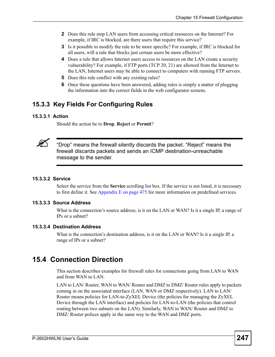 3 key fields for configuring rules, 4 connection direction | ZyXEL Communications P-2602HWLNI User Manual | Page 247 / 496