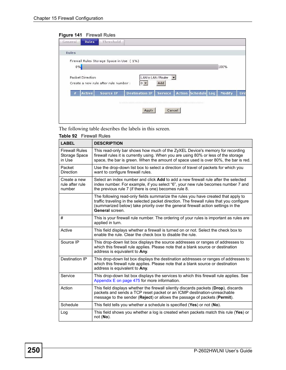 Figure 141 firewall rules, Table 92 firewall rules | ZyXEL Communications P-2602HWLNI User Manual | Page 250 / 496
