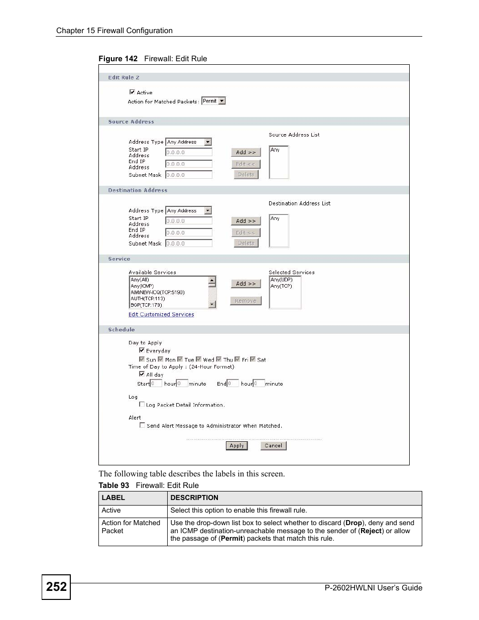 Figure 142 firewall: edit rule, Table 93 firewall: edit rule, Figure 142 | ZyXEL Communications P-2602HWLNI User Manual | Page 252 / 496