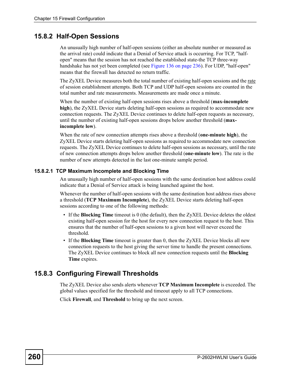 2 half-open sessions, 3 configuring firewall thresholds, Refer to | ZyXEL Communications P-2602HWLNI User Manual | Page 260 / 496