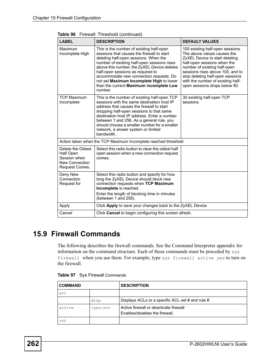 9 firewall commands, Table 97 sys firewall commands | ZyXEL Communications P-2602HWLNI User Manual | Page 262 / 496