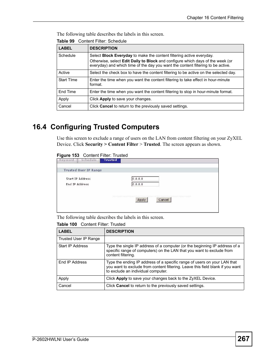 4 configuring trusted computers, Figure 153 content filter: trusted | ZyXEL Communications P-2602HWLNI User Manual | Page 267 / 496