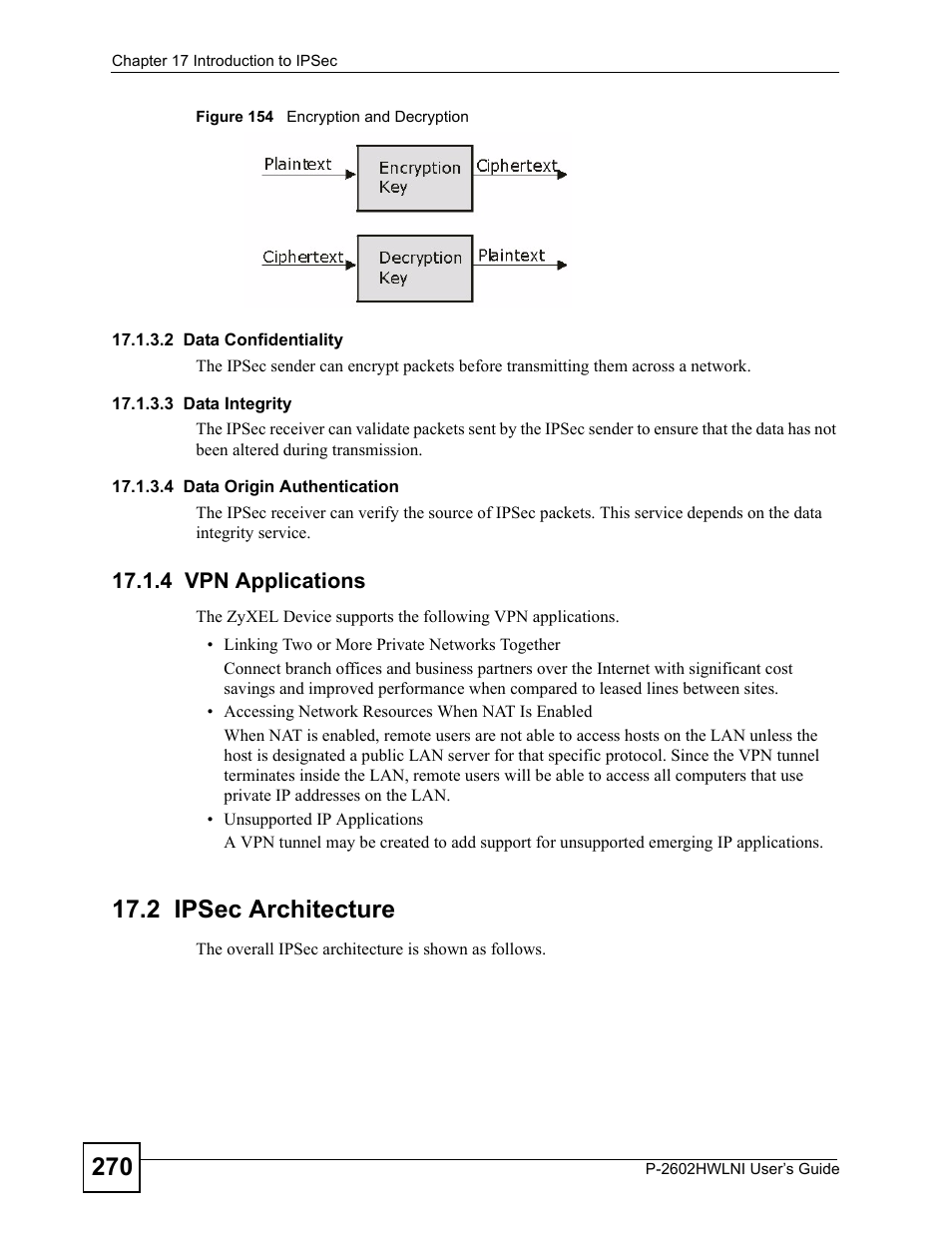 4 vpn applications, 2 ipsec architecture, Figure 154 encryption and decryption | ZyXEL Communications P-2602HWLNI User Manual | Page 270 / 496