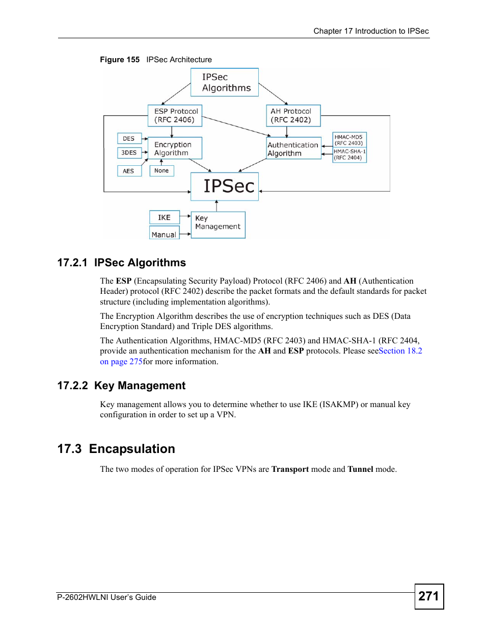 1 ipsec algorithms, 2 key management, 3 encapsulation | 1 ipsec algorithms 17.2.2 key management, Figure 155 ipsec architecture | ZyXEL Communications P-2602HWLNI User Manual | Page 271 / 496