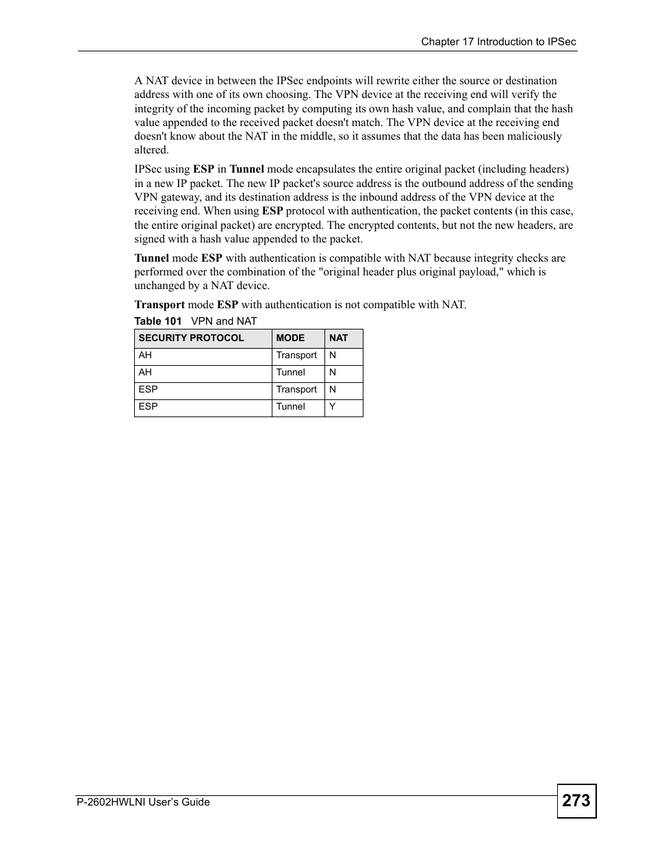 Table 101 vpn and nat | ZyXEL Communications P-2602HWLNI User Manual | Page 273 / 496
