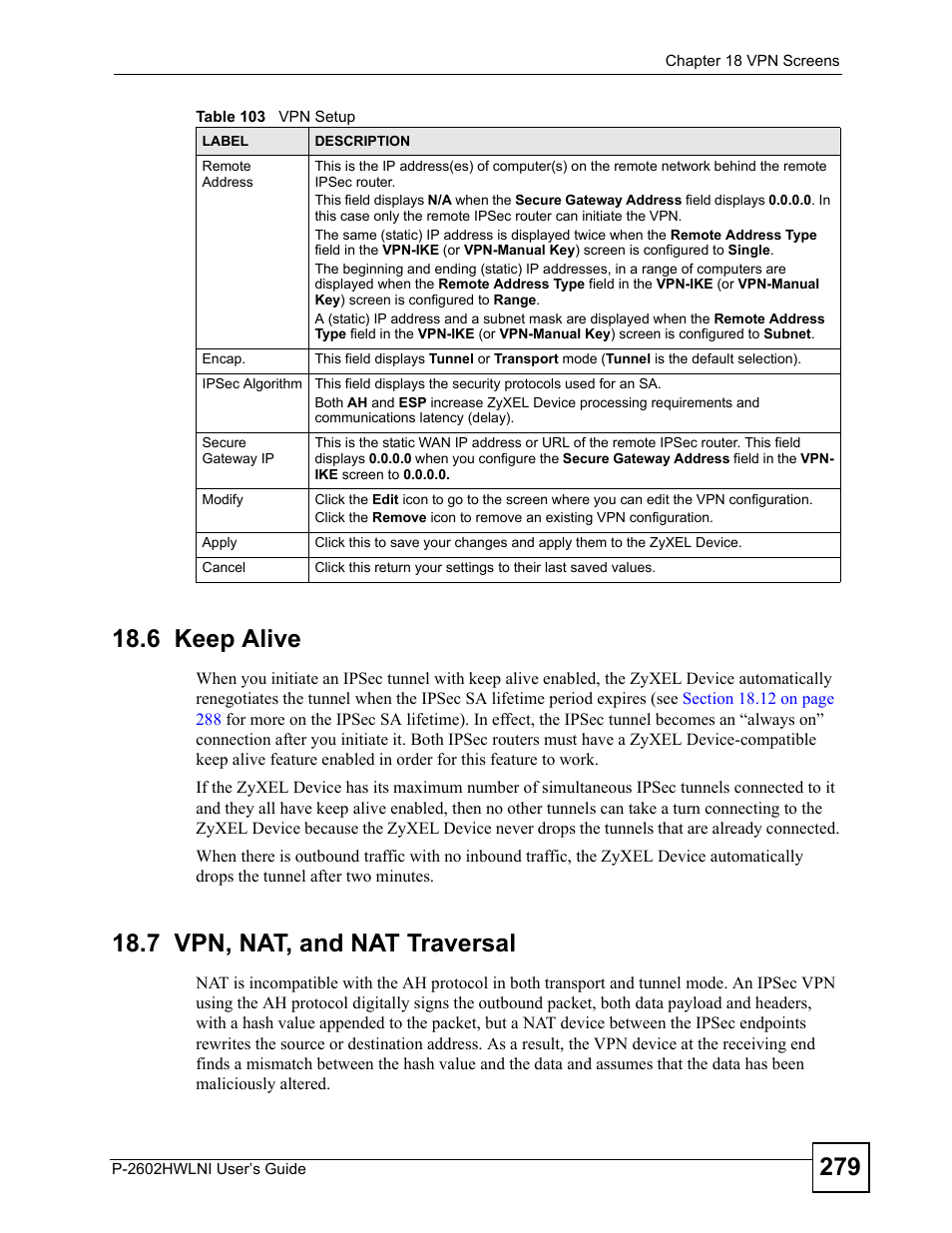 6 keep alive, 7 vpn, nat, and nat traversal, 6 keep alive 18.7 vpn, nat, and nat traversal | ZyXEL Communications P-2602HWLNI User Manual | Page 279 / 496