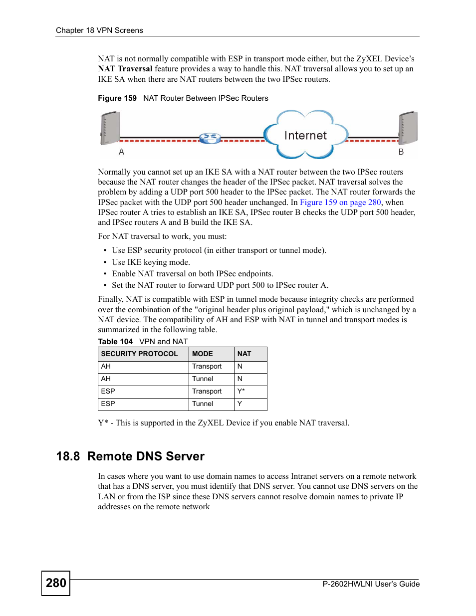 8 remote dns server, Figure 159 nat router between ipsec routers, Table 104 vpn and nat | ZyXEL Communications P-2602HWLNI User Manual | Page 280 / 496