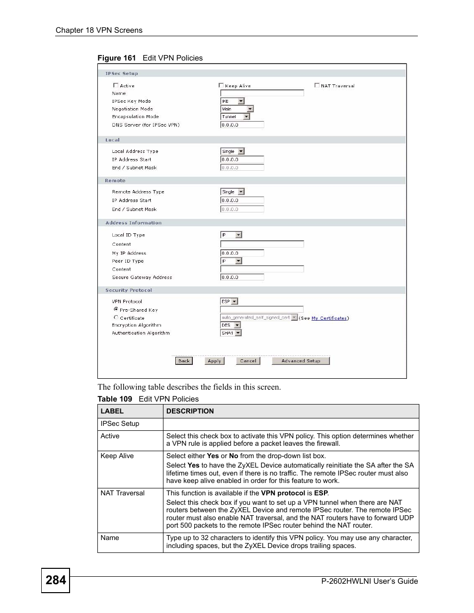 Figure 161 edit vpn policies, Table 109 edit vpn policies | ZyXEL Communications P-2602HWLNI User Manual | Page 284 / 496