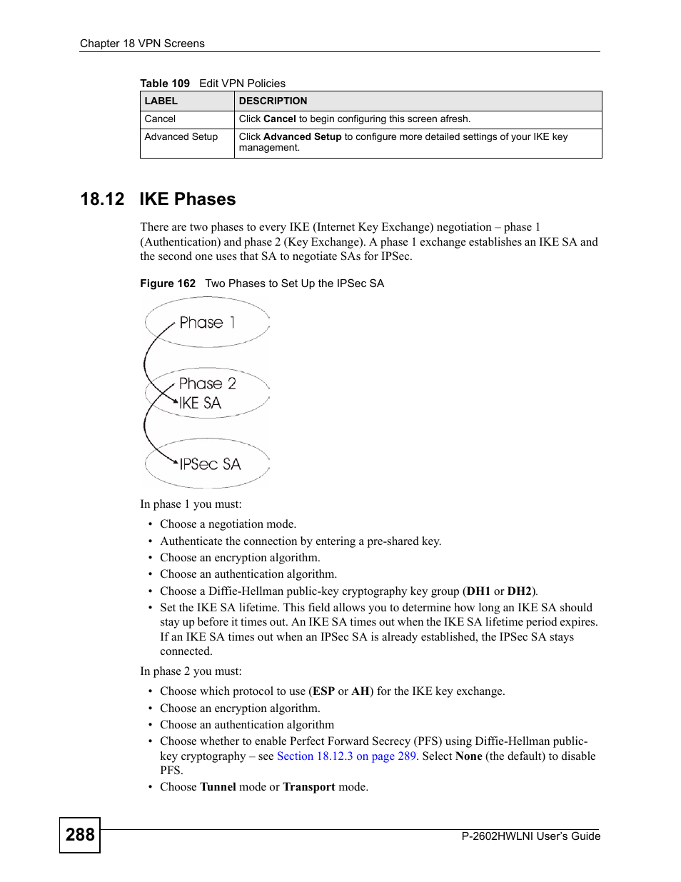 12 ike phases, Figure 162 two phases to set up the ipsec sa, For more on ike phases) | ZyXEL Communications P-2602HWLNI User Manual | Page 288 / 496