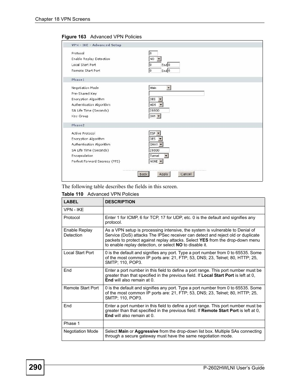 Figure 163 advanced vpn policies, Table 110 advanced vpn policies | ZyXEL Communications P-2602HWLNI User Manual | Page 290 / 496