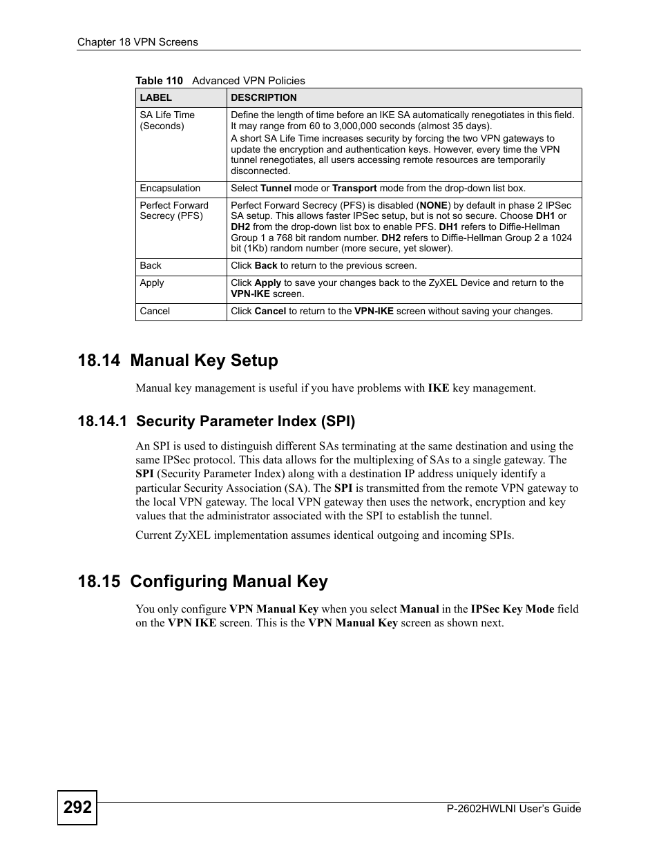 14 manual key setup, 1 security parameter index (spi), 15 configuring manual key | ZyXEL Communications P-2602HWLNI User Manual | Page 292 / 496