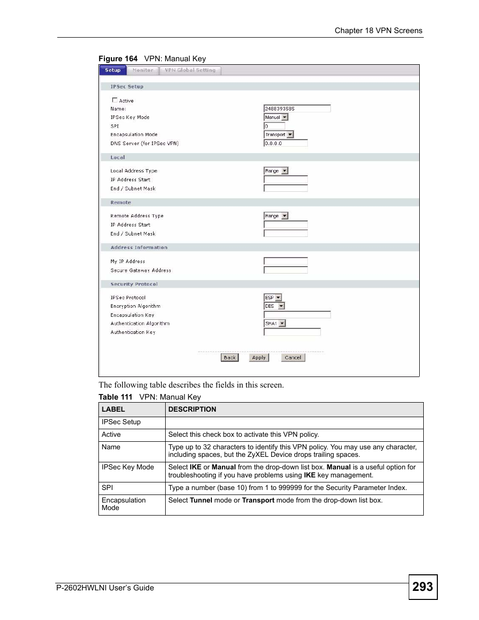 Figure 164 vpn: manual key, Table 111 vpn: manual key | ZyXEL Communications P-2602HWLNI User Manual | Page 293 / 496