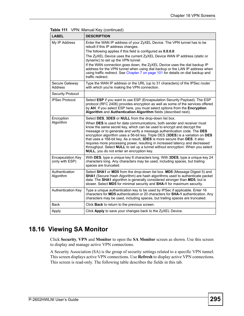 16 viewing sa monitor, Section | ZyXEL Communications P-2602HWLNI User Manual | Page 295 / 496