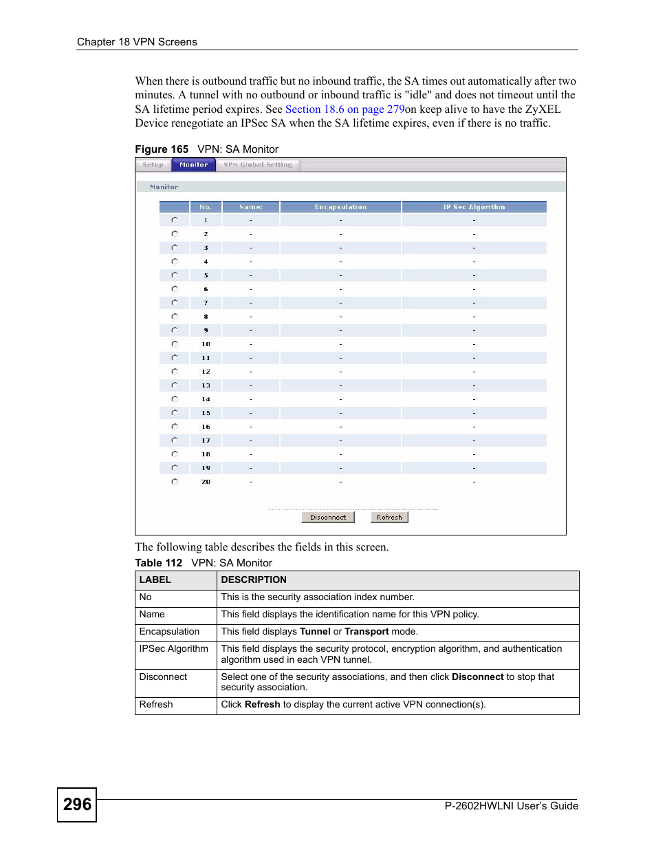 Figure 165 vpn: sa monitor, Table 112 vpn: sa monitor | ZyXEL Communications P-2602HWLNI User Manual | Page 296 / 496