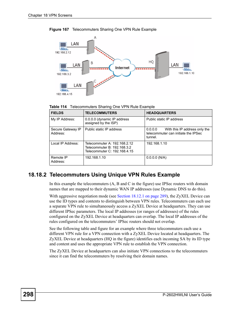 2 telecommuters using unique vpn rules example | ZyXEL Communications P-2602HWLNI User Manual | Page 298 / 496