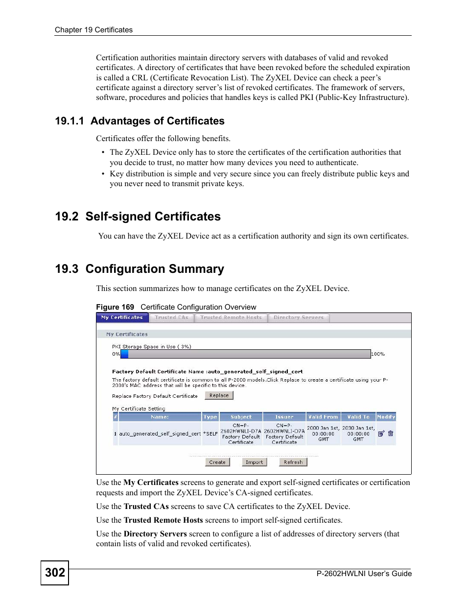 1 advantages of certificates, 2 self-signed certificates, 3 configuration summary | Figure 169 certificate configuration overview | ZyXEL Communications P-2602HWLNI User Manual | Page 302 / 496