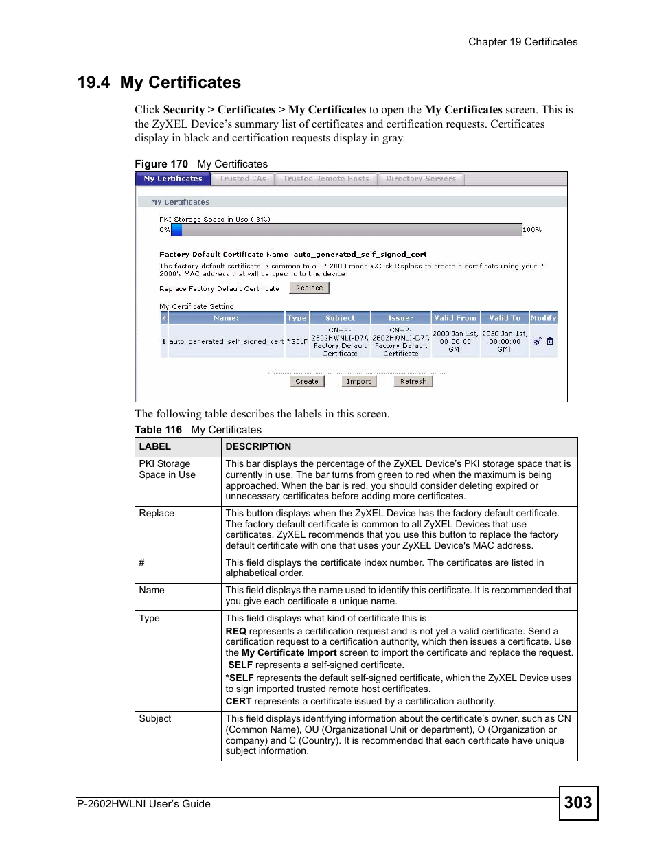 4 my certificates, Figure 170 my certificates, Table 116 my certificates | ZyXEL Communications P-2602HWLNI User Manual | Page 303 / 496