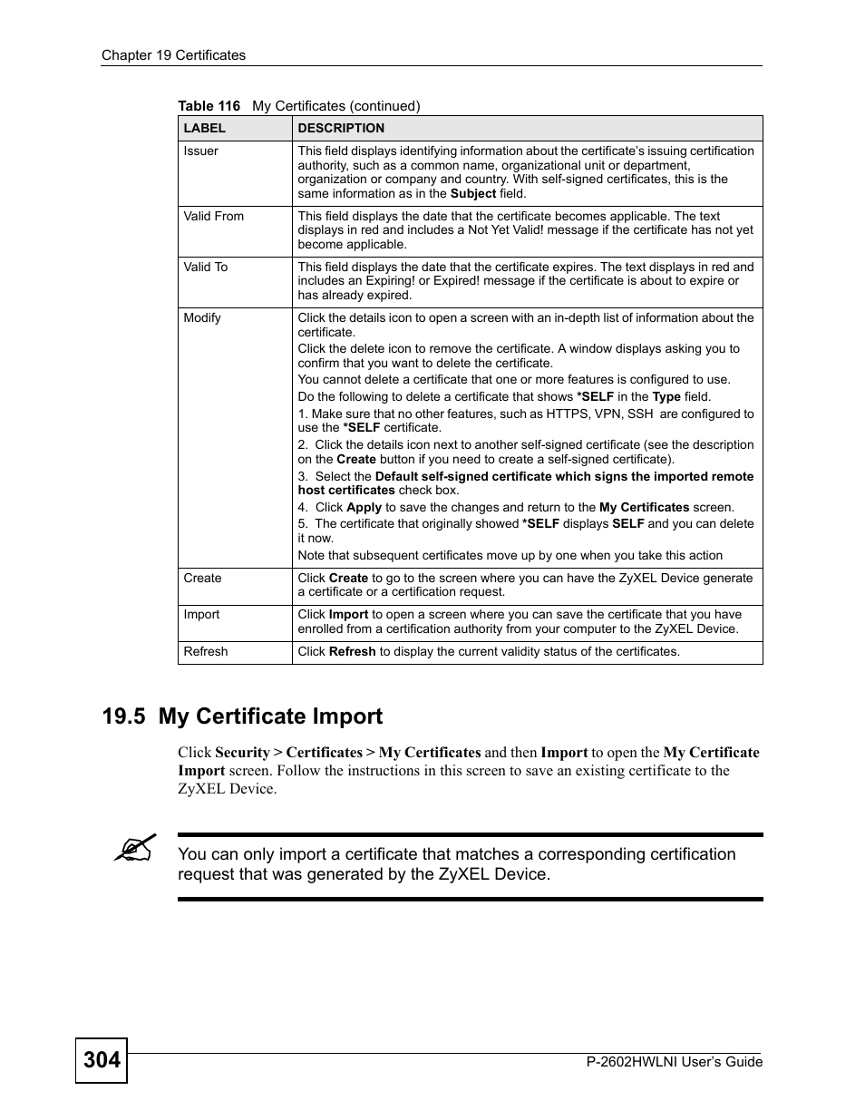 5 my certificate import | ZyXEL Communications P-2602HWLNI User Manual | Page 304 / 496