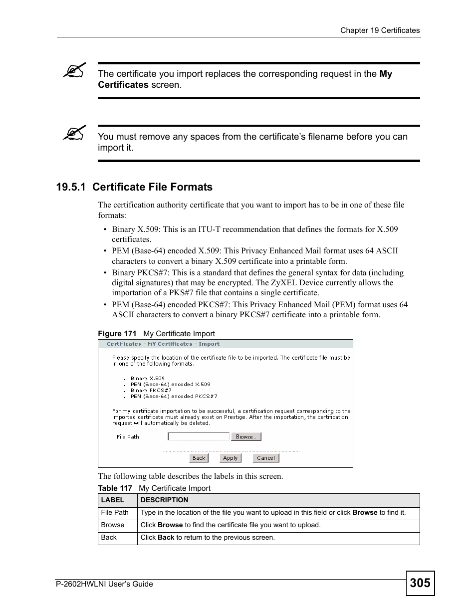 1 certificate file formats, Figure 171 my certificate import, Table 117 my certificate import | ZyXEL Communications P-2602HWLNI User Manual | Page 305 / 496