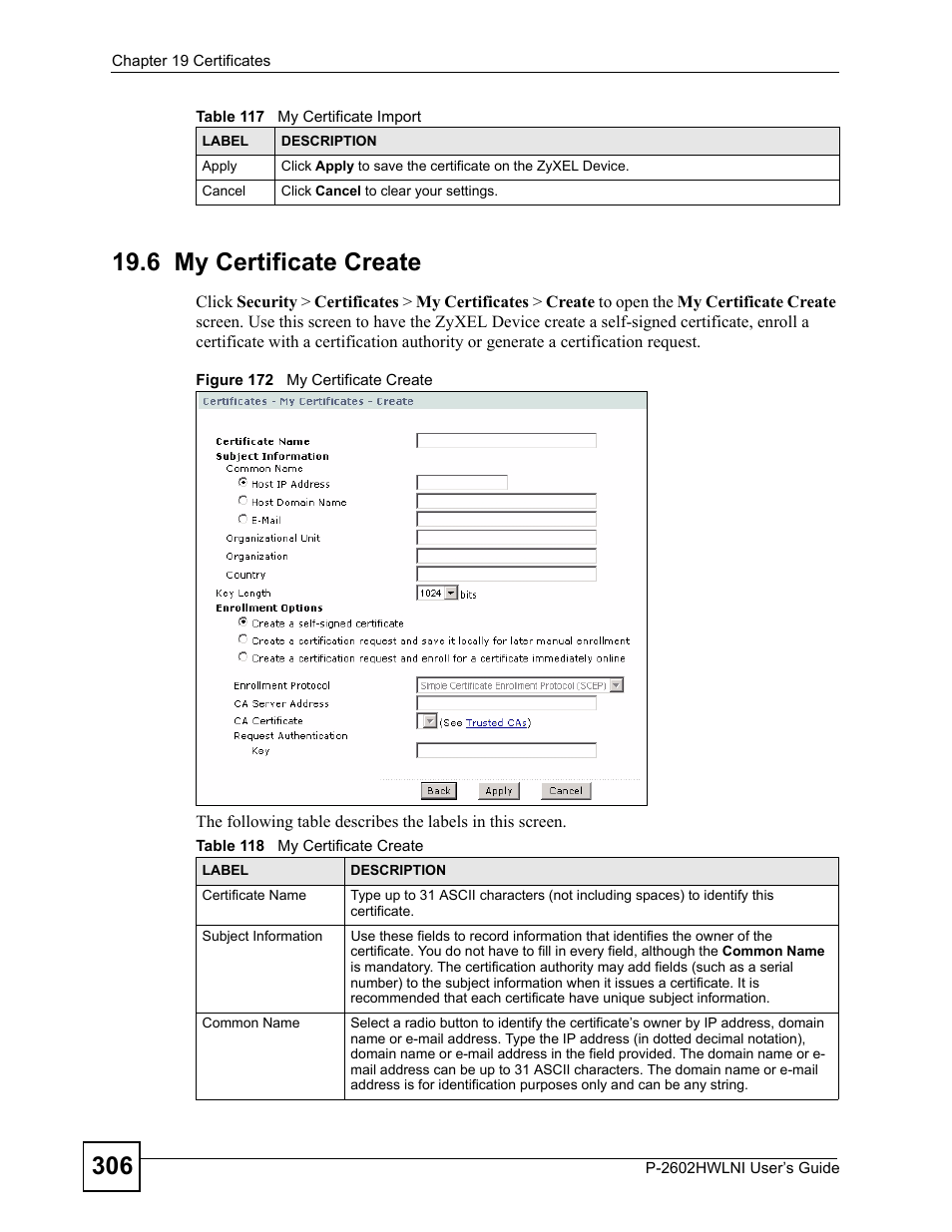 6 my certificate create, Figure 172 my certificate create, Table 118 my certificate create | ZyXEL Communications P-2602HWLNI User Manual | Page 306 / 496