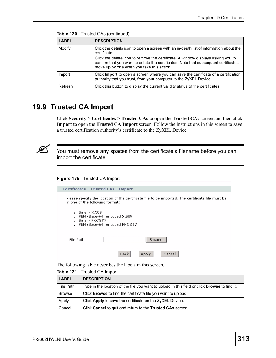 9 trusted ca import, Figure 175 trusted ca import, Table 121 trusted ca import | ZyXEL Communications P-2602HWLNI User Manual | Page 313 / 496