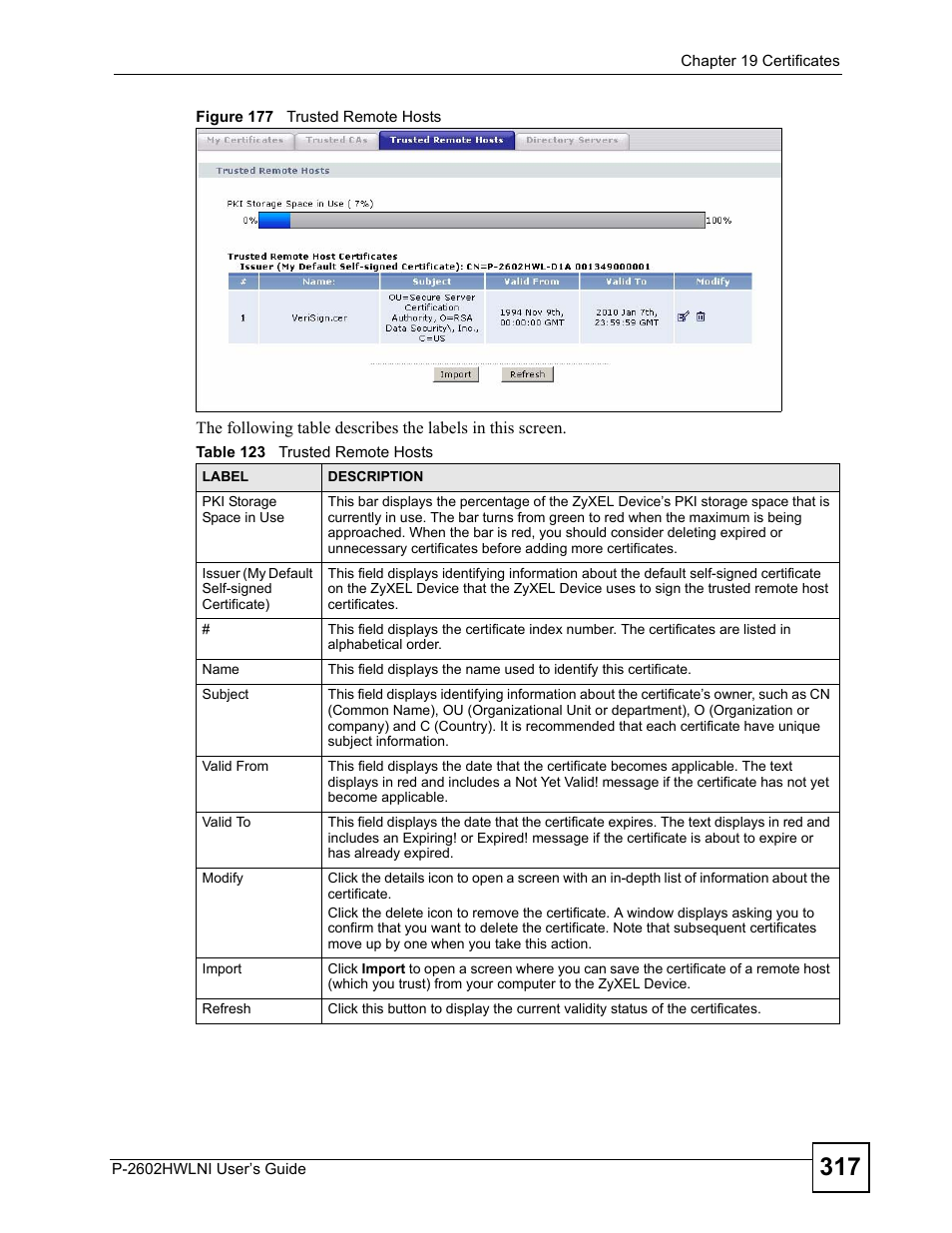 Figure 177 trusted remote hosts, Table 123 trusted remote hosts | ZyXEL Communications P-2602HWLNI User Manual | Page 317 / 496