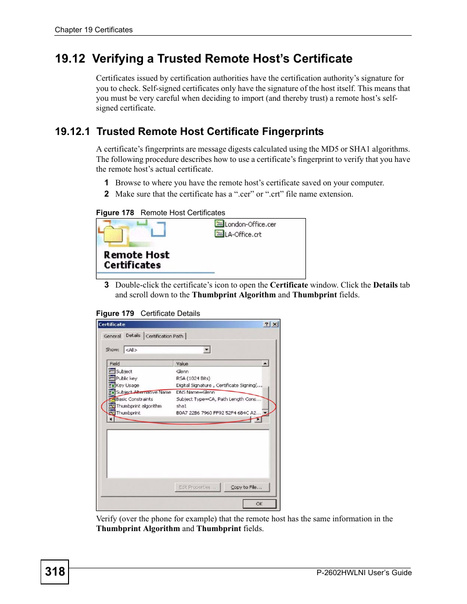 12 verifying a trusted remote host’s certificate, 1 trusted remote host certificate fingerprints | ZyXEL Communications P-2602HWLNI User Manual | Page 318 / 496