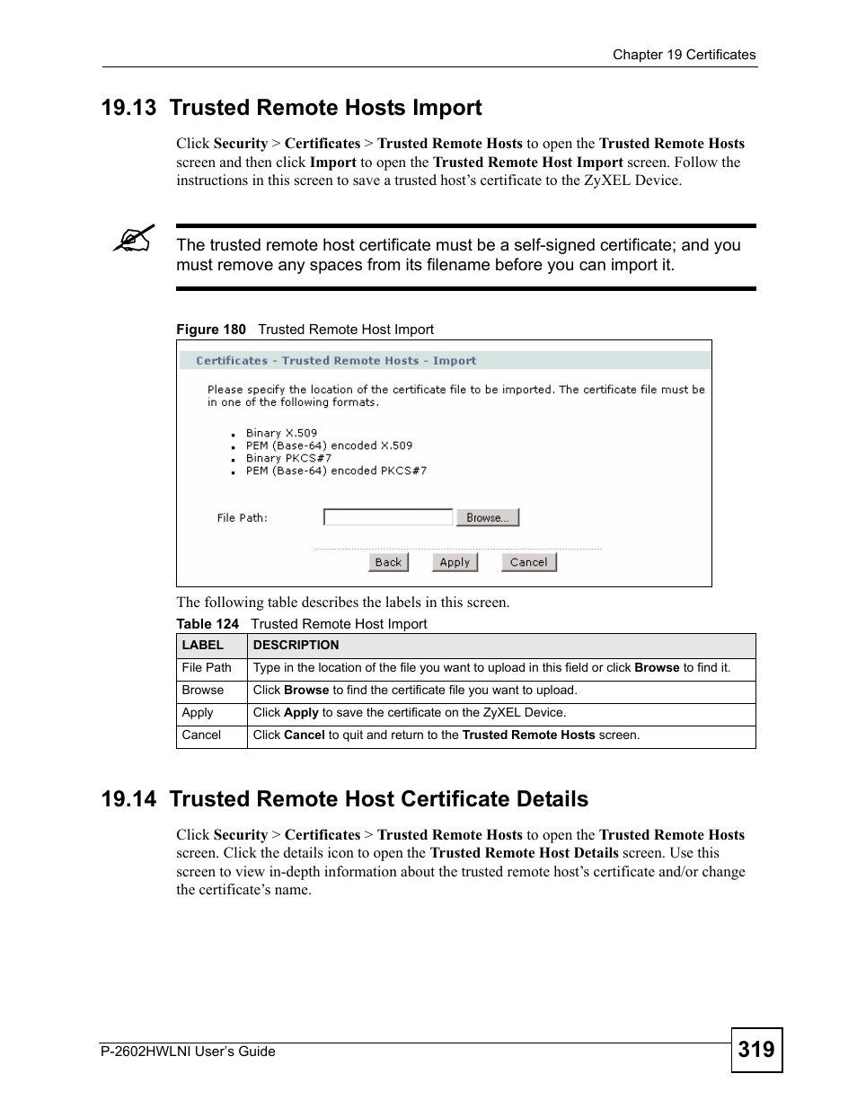 13 trusted remote hosts import, 14 trusted remote host certificate details, Figure 180 trusted remote host import | Table 124 trusted remote host import | ZyXEL Communications P-2602HWLNI User Manual | Page 319 / 496