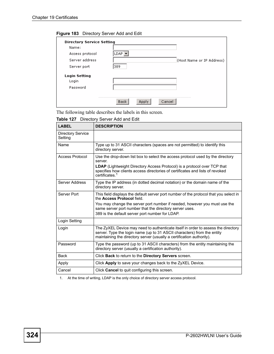 Figure 183 directory server add and edit, Table 127 directory server add and edit | ZyXEL Communications P-2602HWLNI User Manual | Page 324 / 496