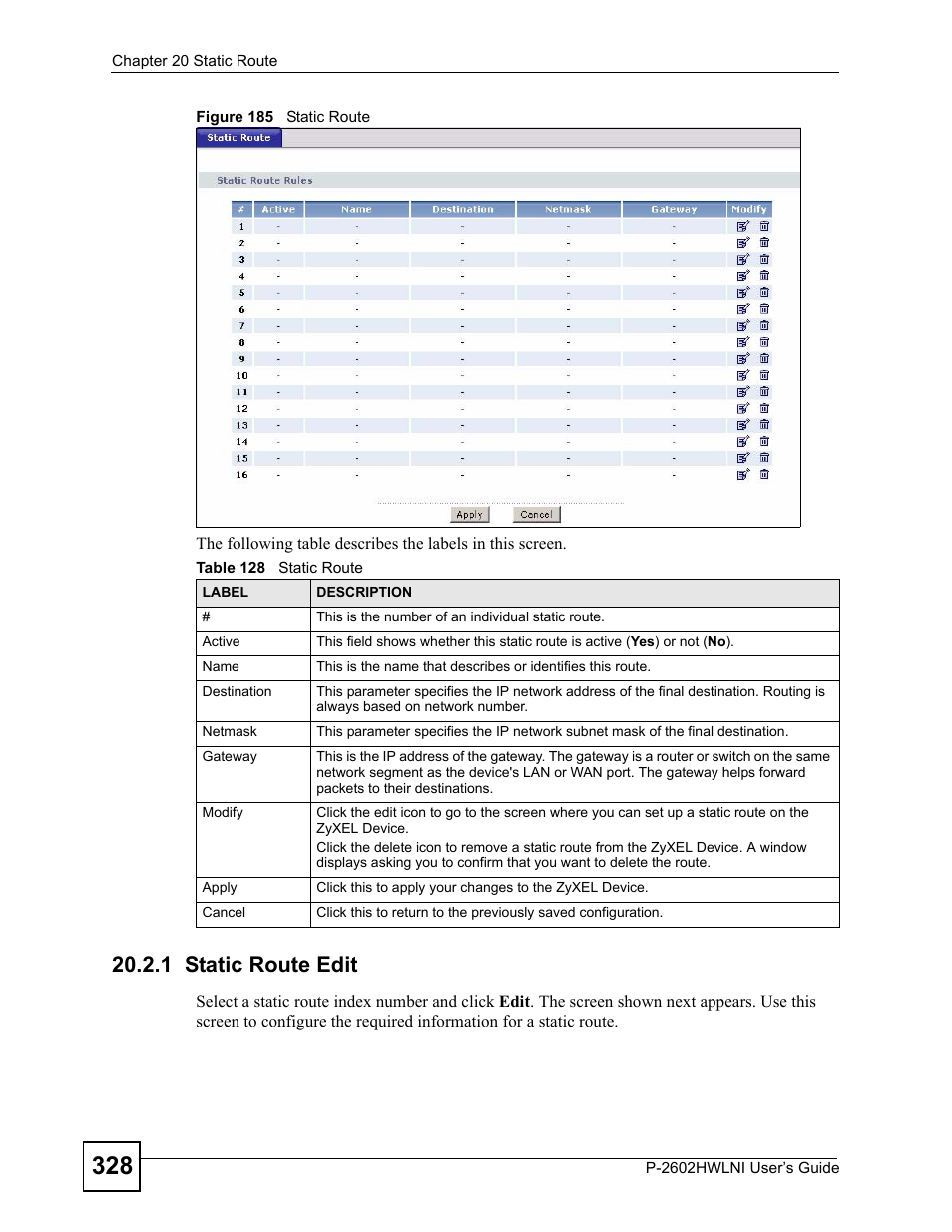 1 static route edit, Figure 185 static route, Table 128 static route | ZyXEL Communications P-2602HWLNI User Manual | Page 328 / 496