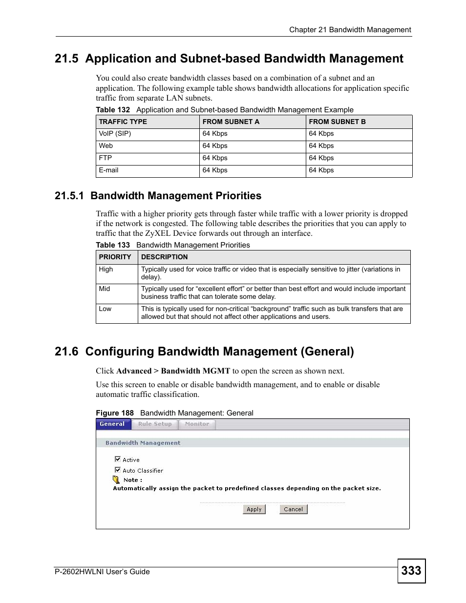 1 bandwidth management priorities, 6 configuring bandwidth management (general), Figure 188 bandwidth management: general | ZyXEL Communications P-2602HWLNI User Manual | Page 333 / 496