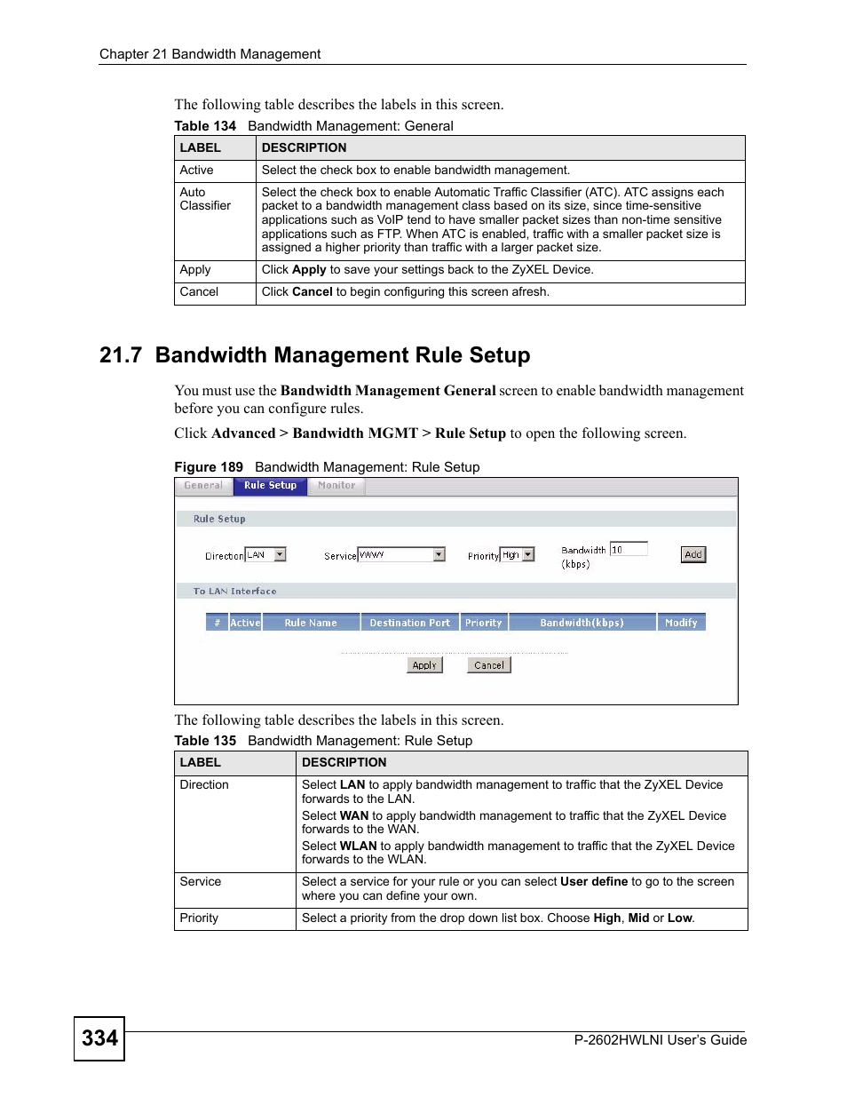 7 bandwidth management rule setup, Figure 189 bandwidth management: rule setup | ZyXEL Communications P-2602HWLNI User Manual | Page 334 / 496