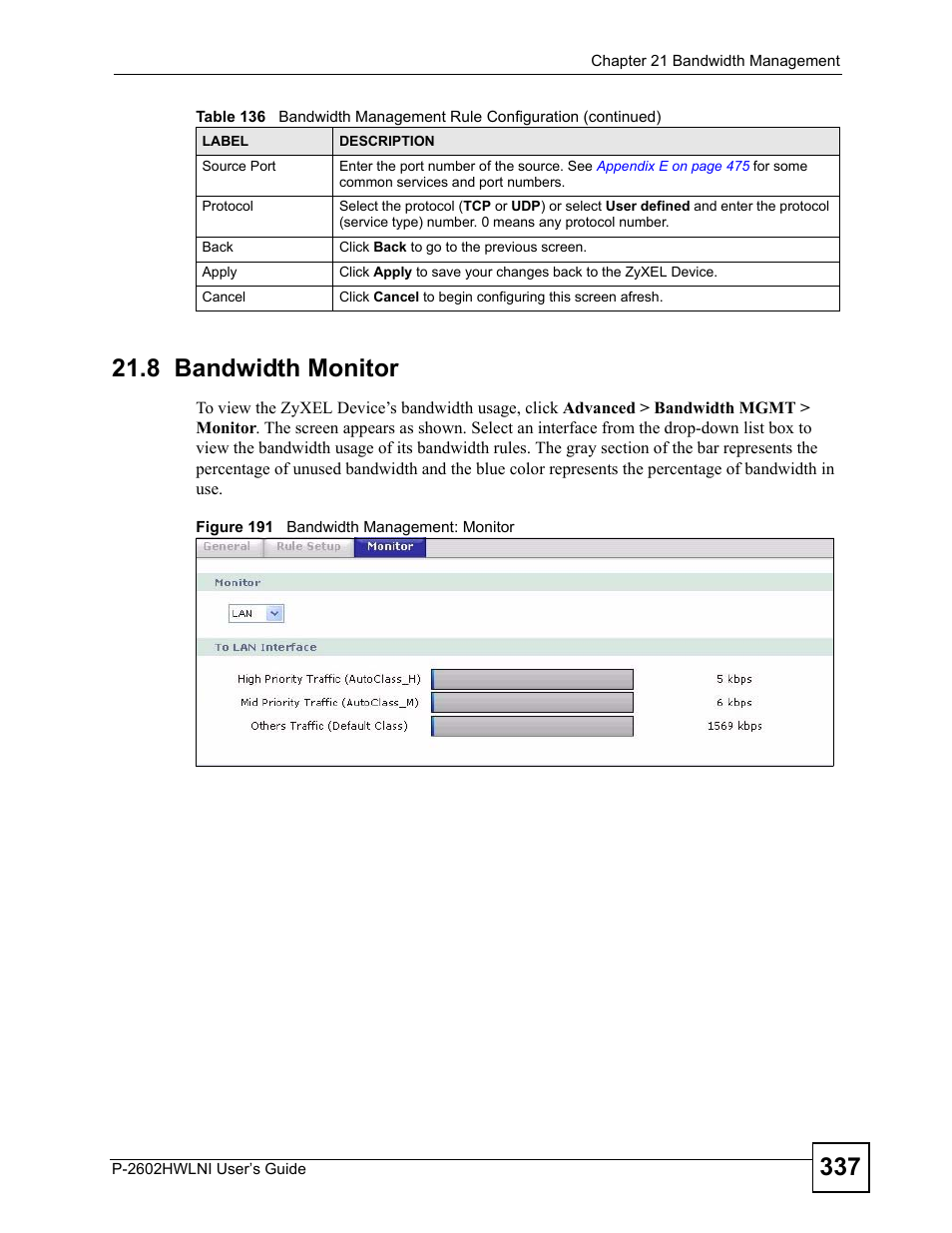 8 bandwidth monitor, Figure 191 bandwidth management: monitor | ZyXEL Communications P-2602HWLNI User Manual | Page 337 / 496