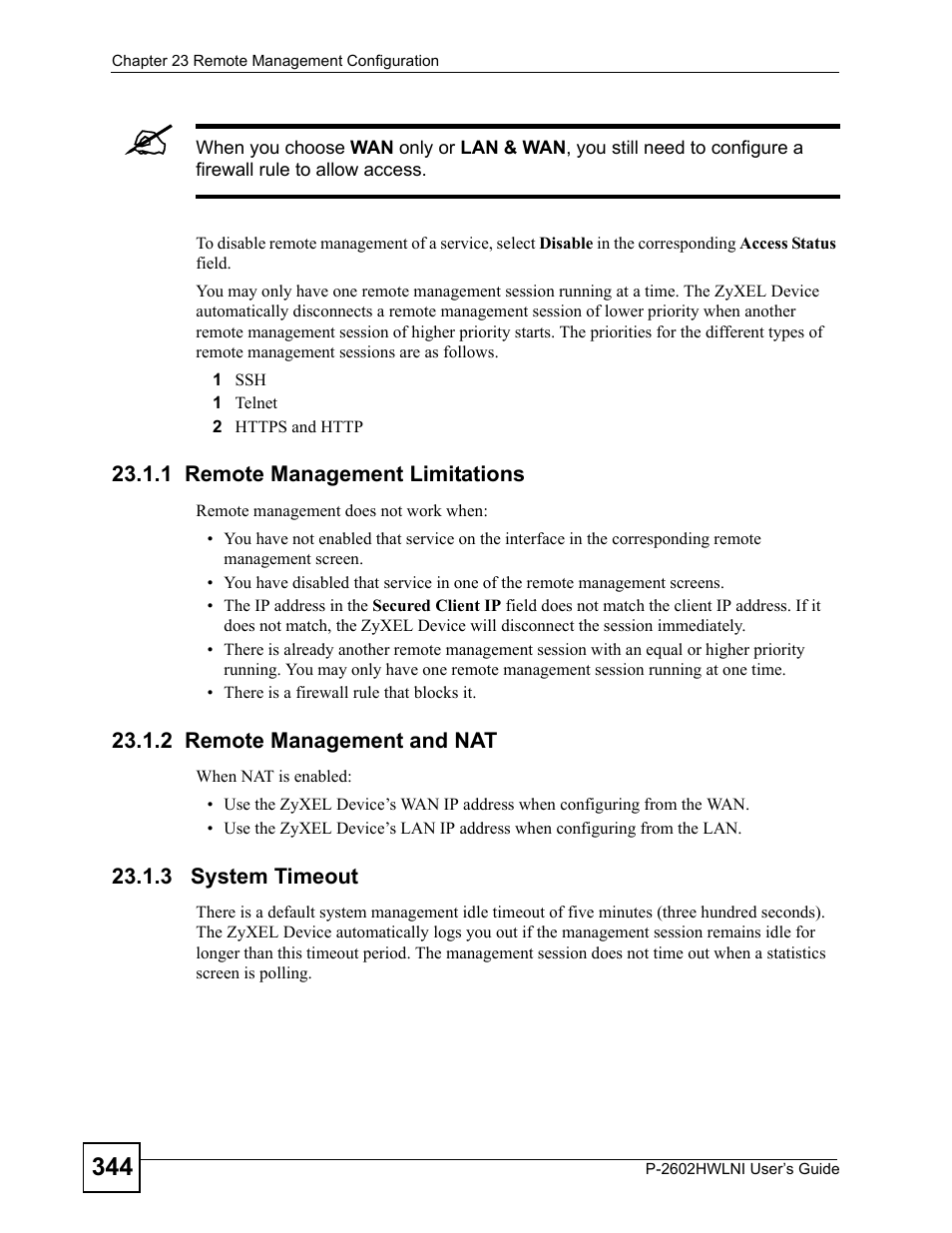 1 remote management limitations, 2 remote management and nat, 3 system timeout | ZyXEL Communications P-2602HWLNI User Manual | Page 344 / 496