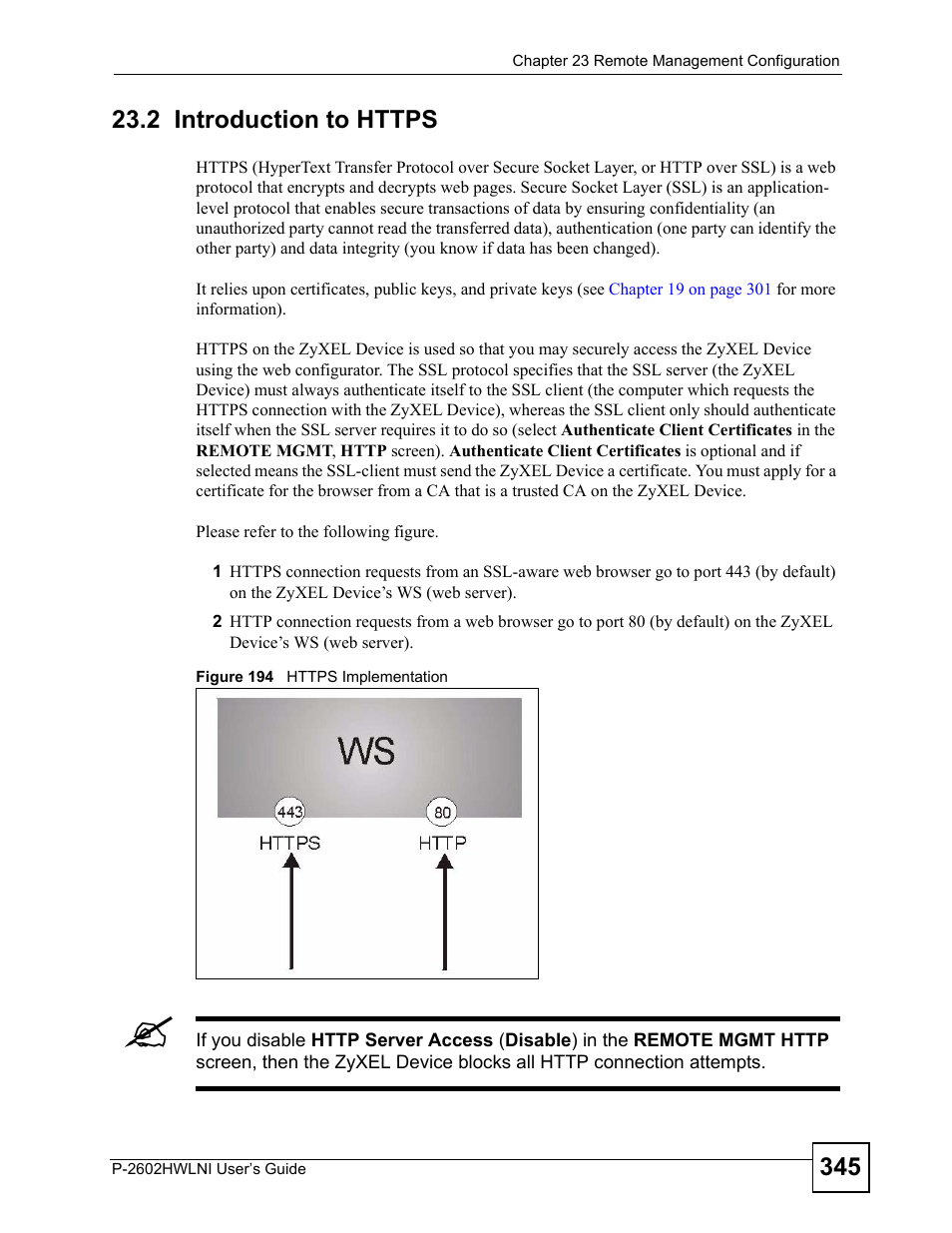 2 introduction to https, Figure 194 https implementation | ZyXEL Communications P-2602HWLNI User Manual | Page 345 / 496