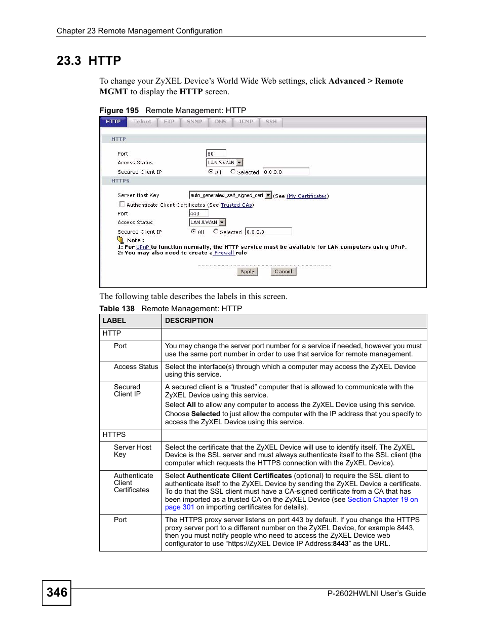 3 http, Figure 195 remote management: http, Table 138 remote management: http | ZyXEL Communications P-2602HWLNI User Manual | Page 346 / 496