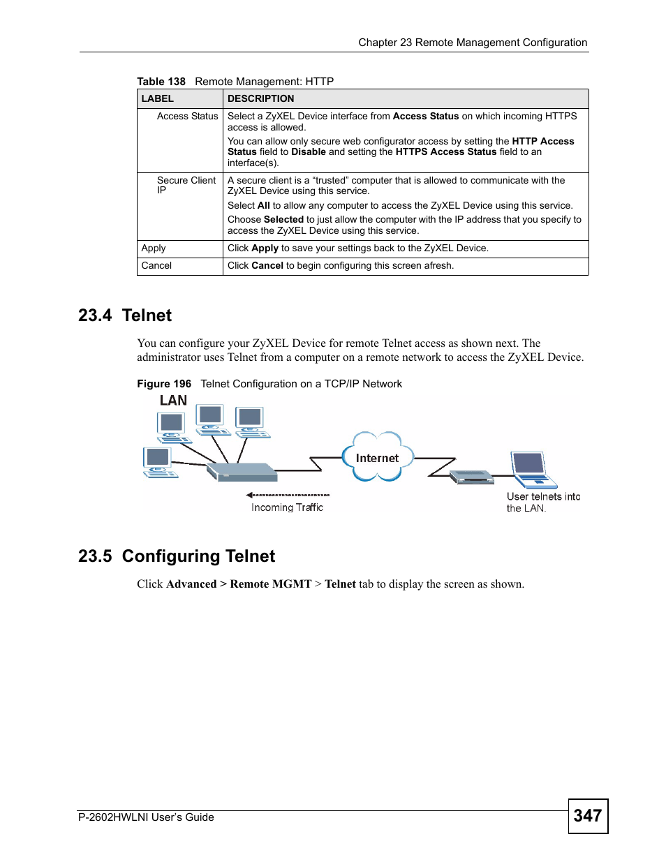 4 telnet, 5 configuring telnet, 4 telnet 23.5 configuring telnet | ZyXEL Communications P-2602HWLNI User Manual | Page 347 / 496