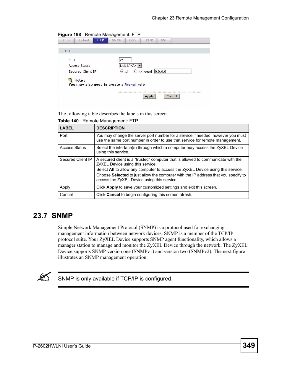 7 snmp, Figure 198 remote management: ftp, Table 140 remote management: ftp | ZyXEL Communications P-2602HWLNI User Manual | Page 349 / 496