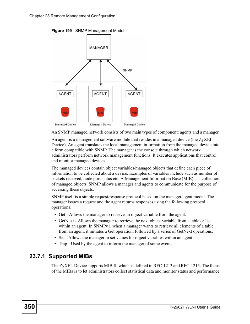 1 supported mibs, Figure 199 snmp management model | ZyXEL Communications P-2602HWLNI User Manual | Page 350 / 496