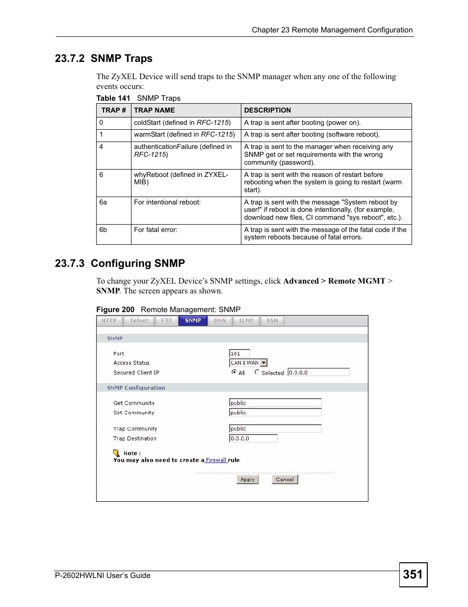 2 snmp traps, 3 configuring snmp, 2 snmp traps 23.7.3 configuring snmp | Figure 200 remote management: snmp, Table 141 snmp traps | ZyXEL Communications P-2602HWLNI User Manual | Page 351 / 496